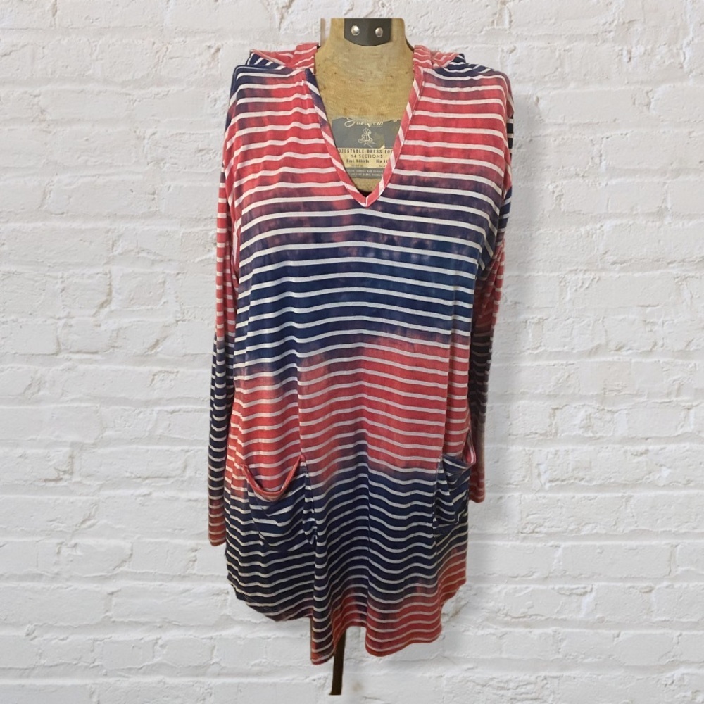 Dakini Red Blue Striped Knit Loose Relaxed Fit Long Sleeve Hoodie V Neck Top